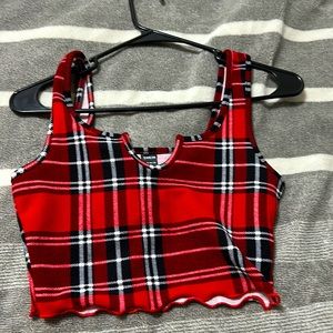 Plaid Christmas crop top from shein. Polyester
